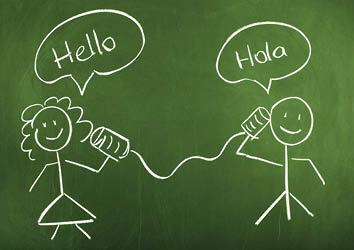 two children saying hello in English and Spanish