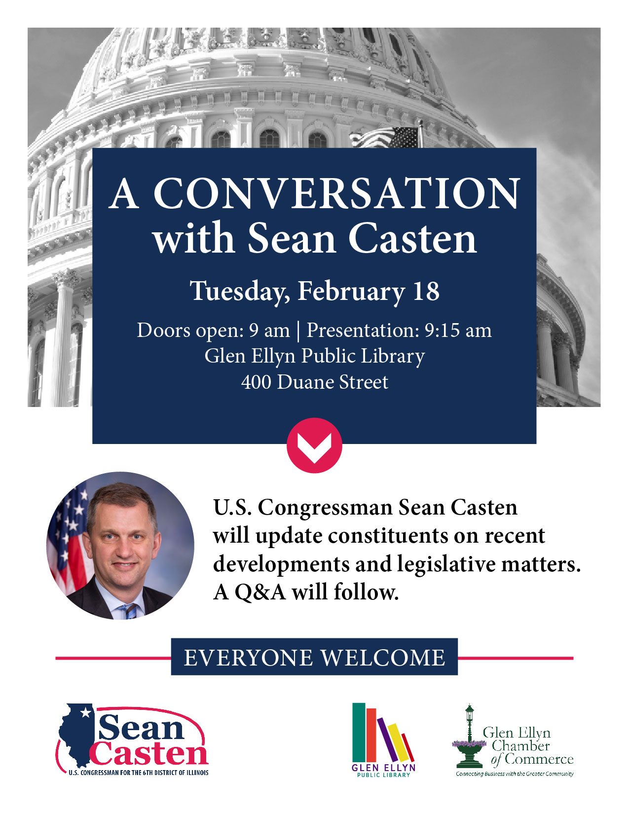 Information flyer for town hall event with Sean Casten