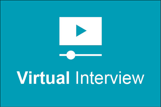 Image of play arrow used for videos with text Virtual Interview