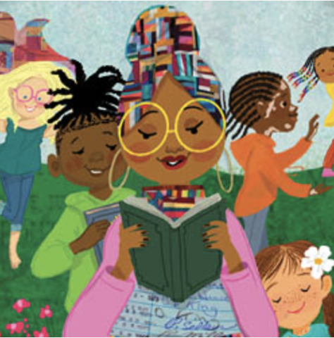 Woman reading a book with children in the background