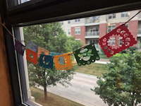 A photo of a papel picado banner hanging in front of a window. There are six papers of different colors strung to make the banner, each with a different motif cut out of it. Through the window, trees and a brick apartment building can be seen.