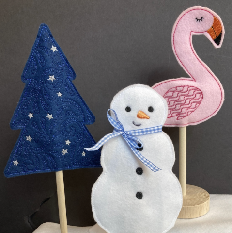 felt tree, snowman, flamingo