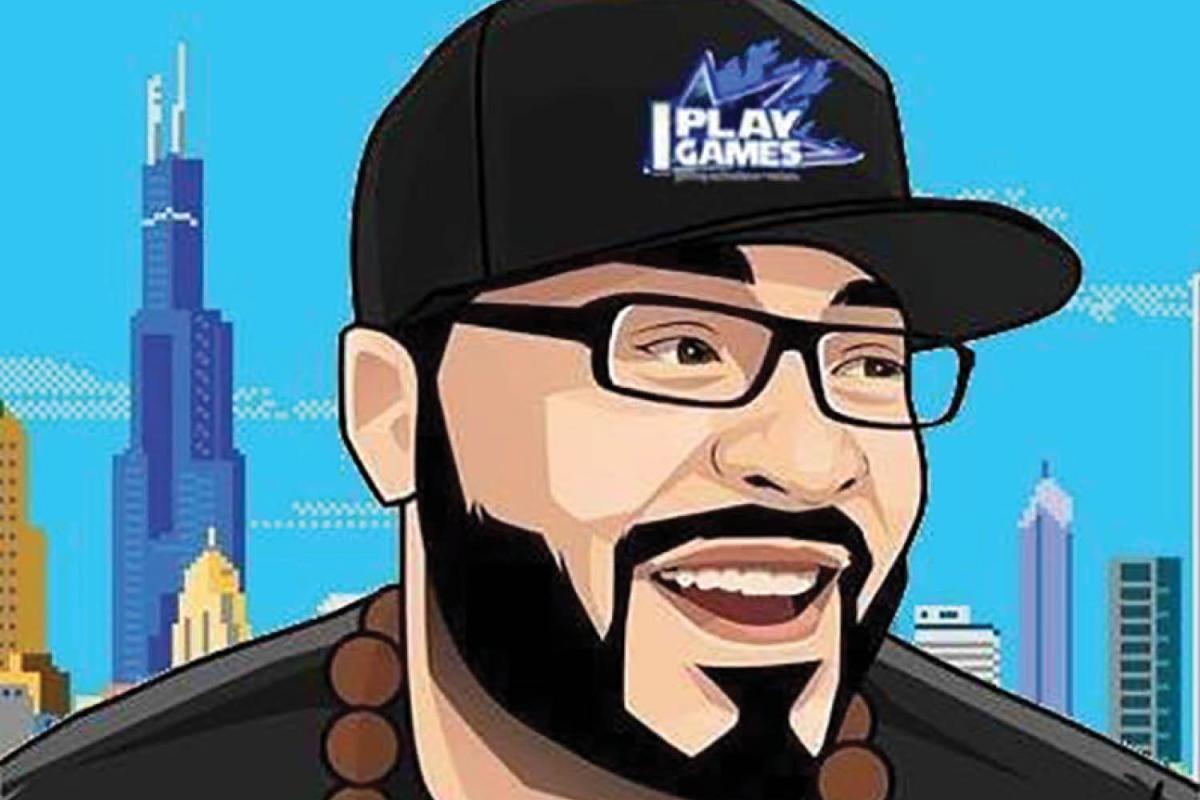 cartoon image of bearded man in baseball cap with Chicago skyline