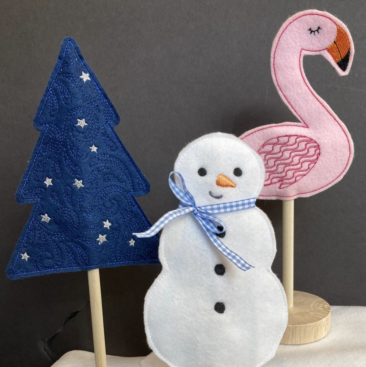 felt tree, snowman, flamingo